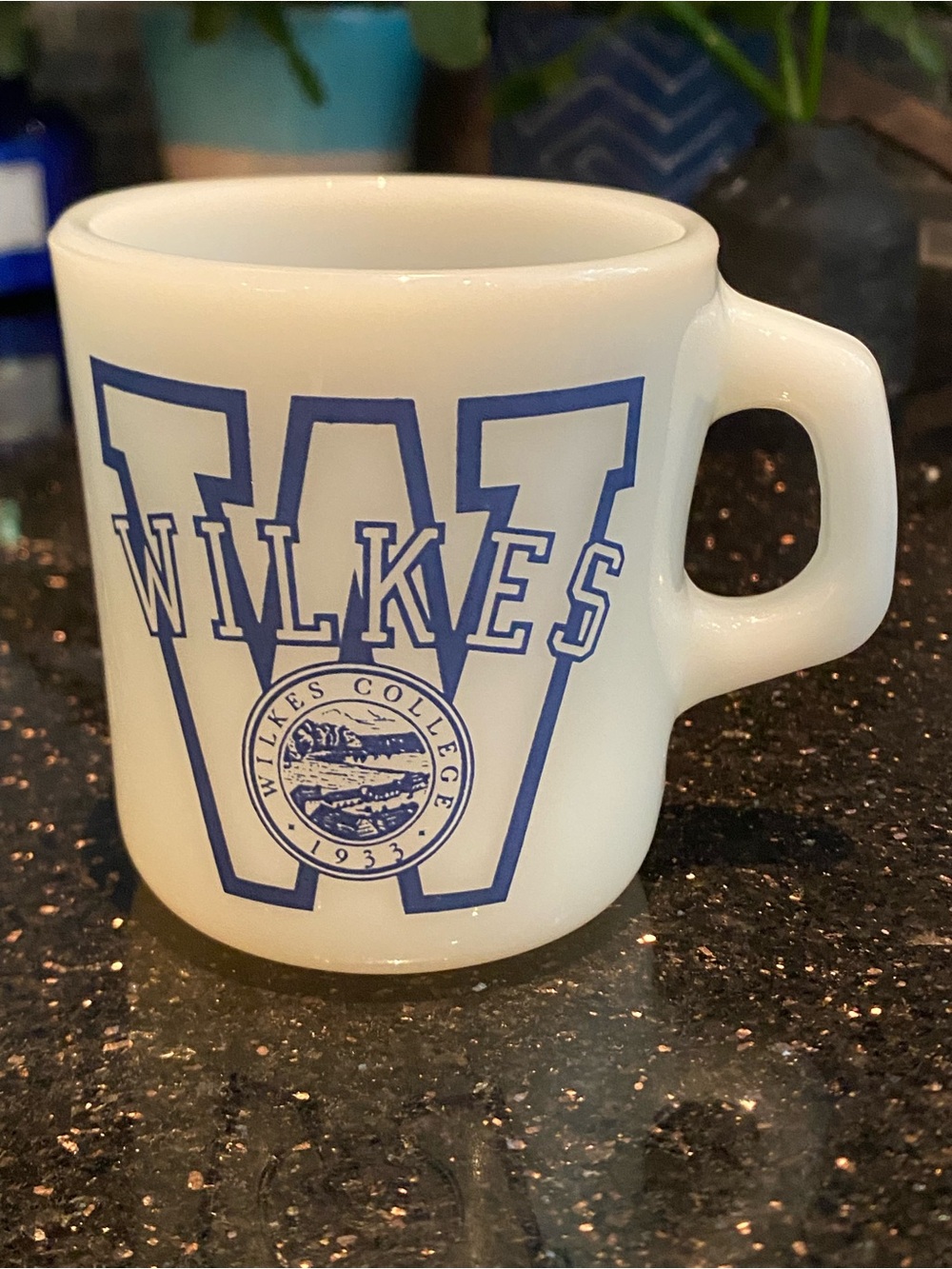 Vintage Milk Glass Wilkes College Mug